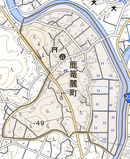 鹿篭麓町とその周辺の地図。町の範囲を重ねている