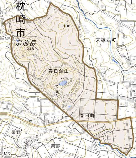春日町とその周辺の地図。町の範囲を重ねている