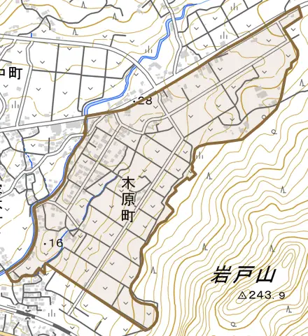 木原町とその周辺の地図。町の範囲を重ねている