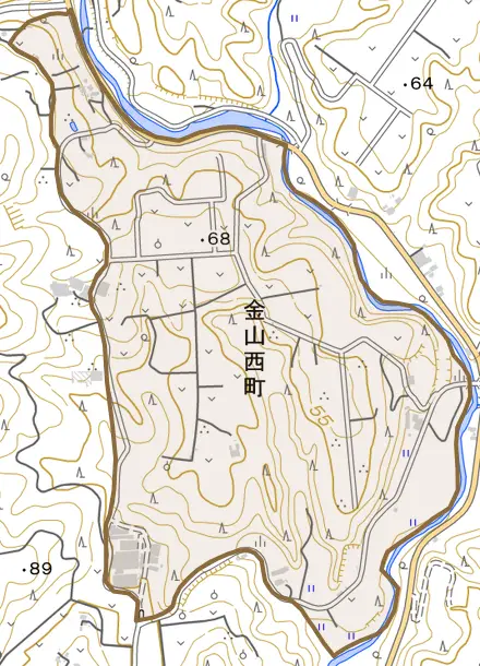 金山西町とその周辺の地図。町の範囲を重ねている