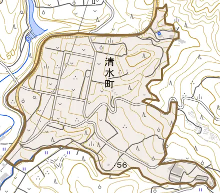 清水町とその周辺の地図。町の範囲を重ねている