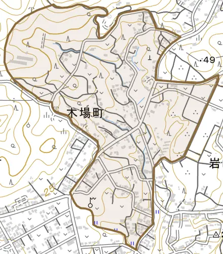 木場町とその周辺の地図。町の範囲を重ねている