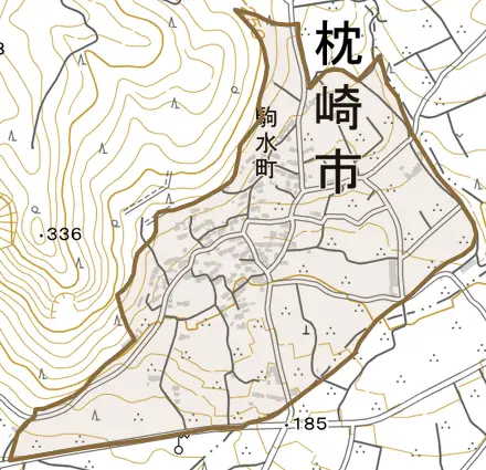 駒水町とその周辺の地図。町の範囲を重ねている