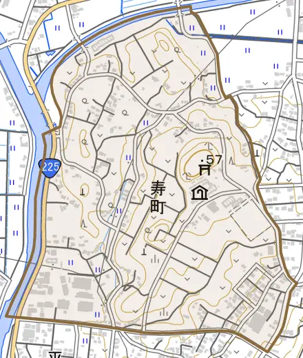 寿町とその周辺の地図。町の範囲を重ねている