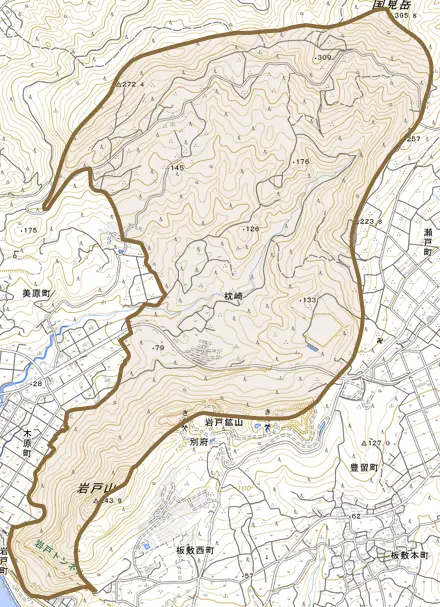 枕崎とその周辺の地図。町の範囲を重ねている