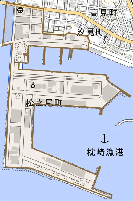 松之尾町とその周辺の地図。町の範囲を重ねている