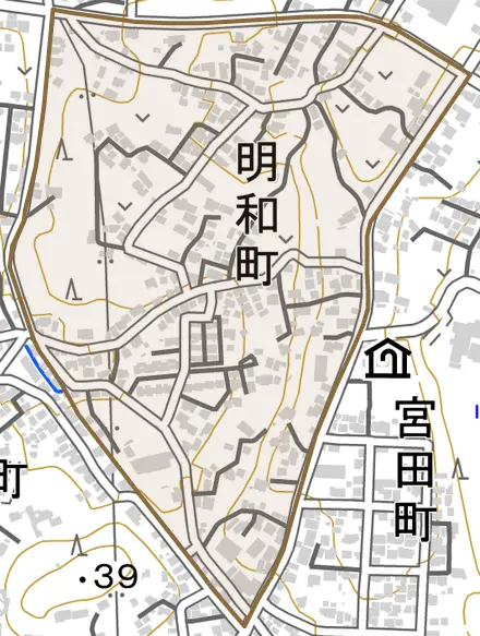 明和町とその周辺の地図。町の範囲を重ねている