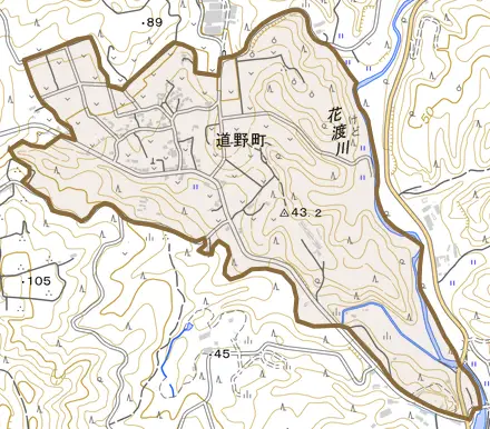 道野町とその周辺の地図。町の範囲を重ねている