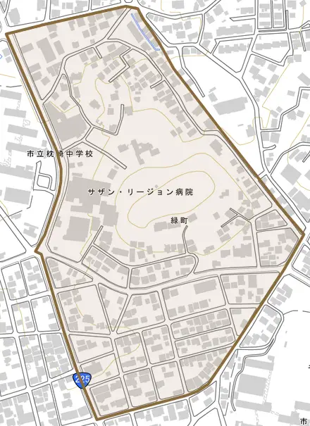 緑町とその周辺の地図。町の範囲を重ねている