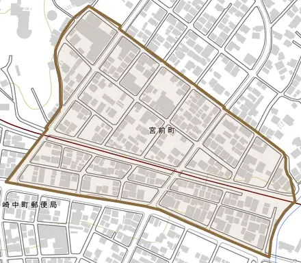 宮前町とその周辺の地図。町の範囲を重ねている