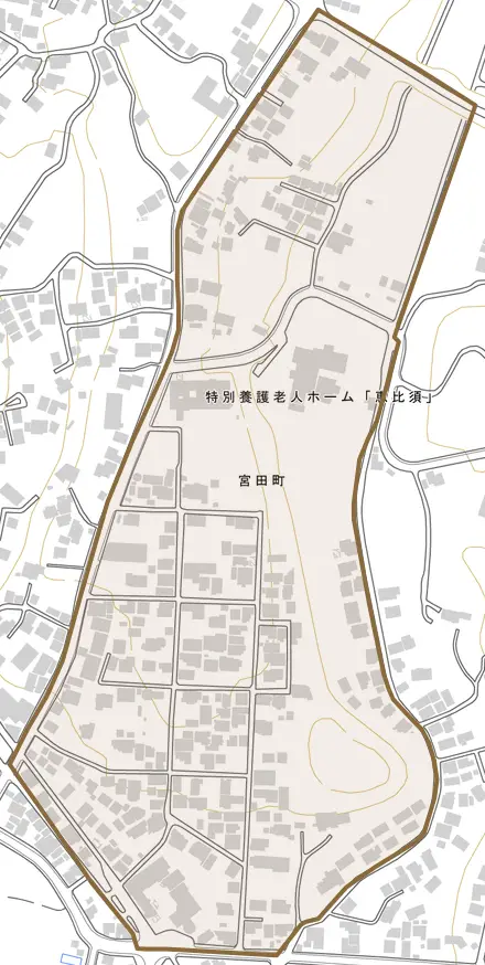 宮田町とその周辺の地図。町の範囲を重ねている