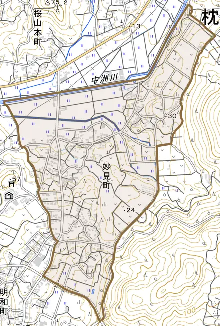 妙見町とその周辺の地図。町の範囲を重ねている
