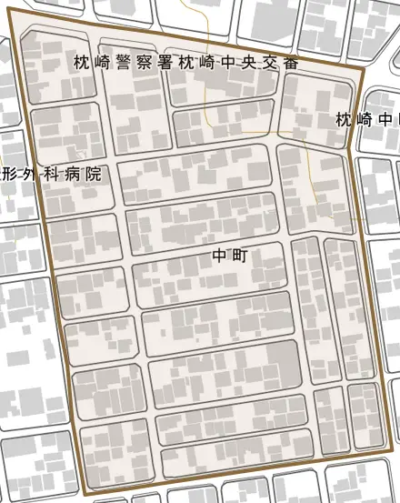 中町とその周辺の地図。町の範囲を重ねている