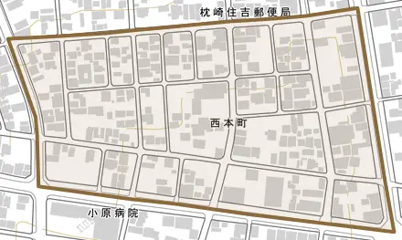 西本町とその周辺の地図。町の範囲を重ねている
