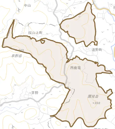 西鹿篭とその周辺の地図。町の範囲を重ねている