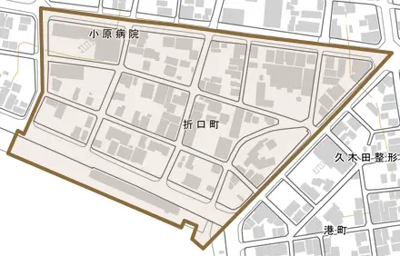 折口町とその周辺の地図。町の範囲を重ねている