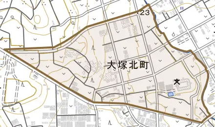 大塚北町とその周辺の地図。町の範囲を重ねている