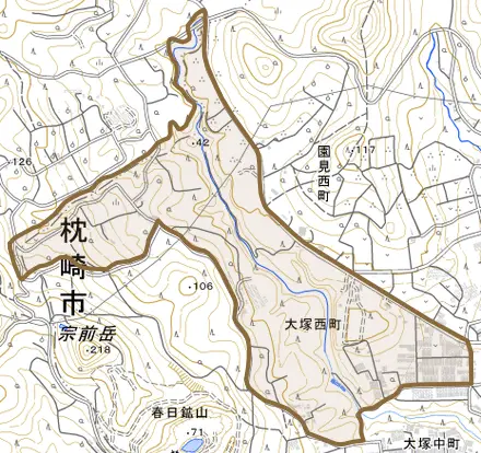 大塚西町とその周辺の地図。町の範囲を重ねている