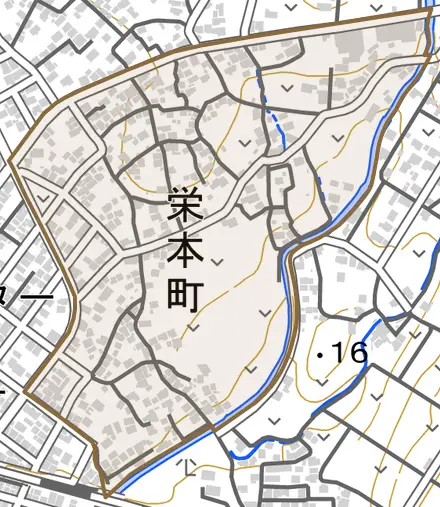 栄本町とその周辺の地図。町の範囲を重ねている