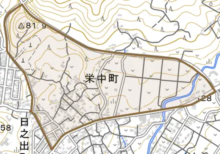 栄中町とその周辺の地図。町の範囲を重ねている