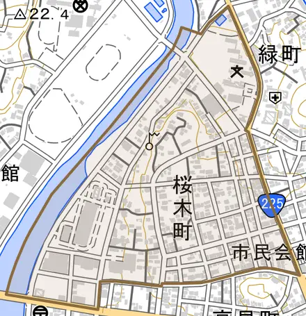 桜木町とその周辺の地図。町の範囲を重ねている