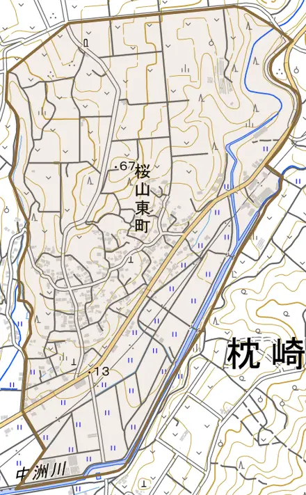 桜山東町とその周辺の地図。町の範囲を重ねている