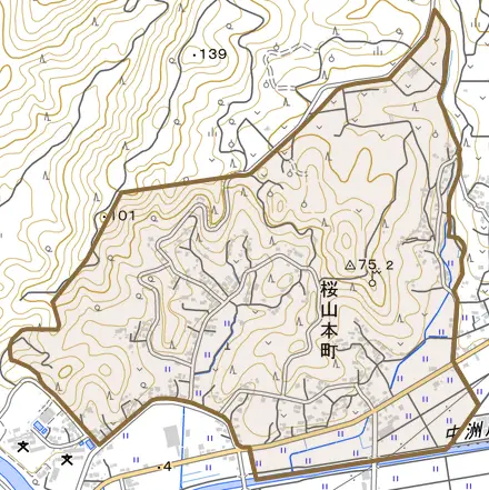 桜山本町とその周辺の地図。町の範囲を重ねている
