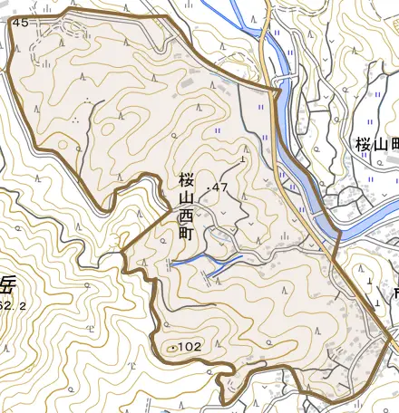 桜山西町とその周辺の地図。町の範囲を重ねている
