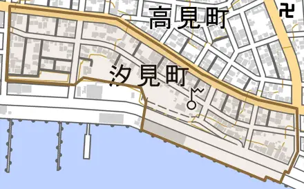 汐見町とその周辺の地図。町の範囲を重ねている