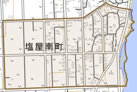 塩屋南町とその周辺の地図。町の範囲を重ねている