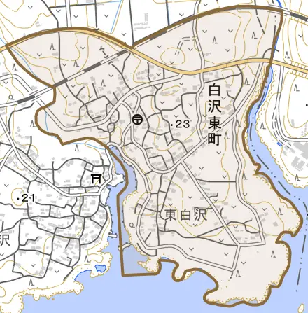 白沢東町とその周辺の地図。町の範囲を重ねている