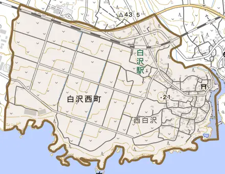 白沢西町とその周辺の地図。町の範囲を重ねている