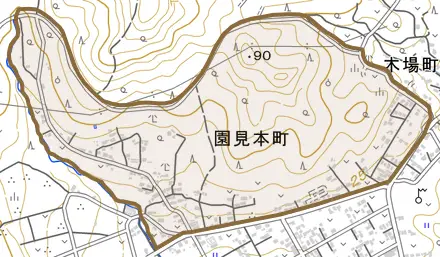 園見本町とその周辺の地図。町の範囲を重ねている