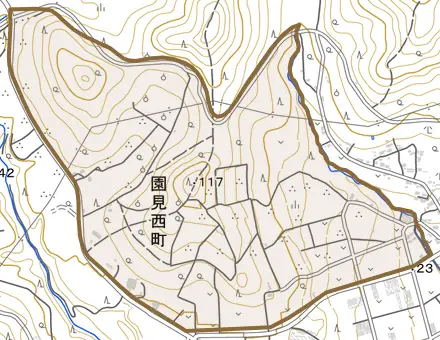 園見西町とその周辺の地図。町の範囲を重ねている