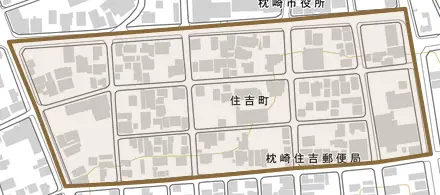 住吉町とその周辺の地図。町の範囲を重ねている