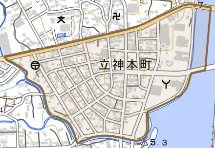 立神本町とその周辺の地図。町の範囲を重ねている