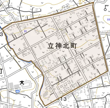 立神北町とその周辺の地図。町の範囲を重ねている