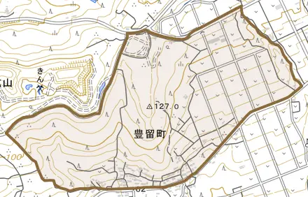 豊留町とその周辺の地図。町の範囲を重ねている