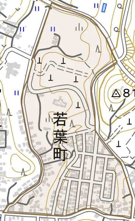 若葉町とその周辺の地図。町の範囲を重ねている