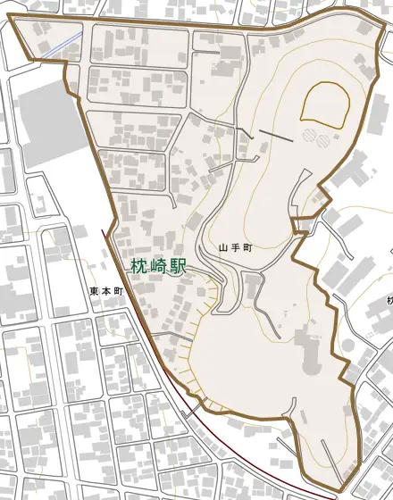 山手町とその周辺の地図。町の範囲を重ねている