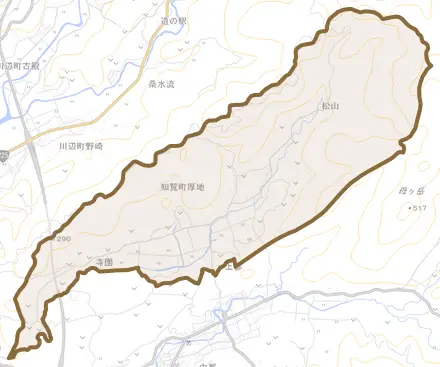 知覧町厚地とその周辺の地図。町の範囲を重ねている