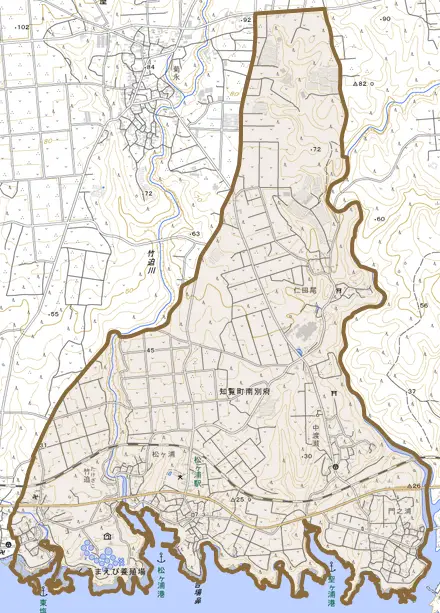 知覧町南別府とその周辺の地図。町の範囲を重ねている