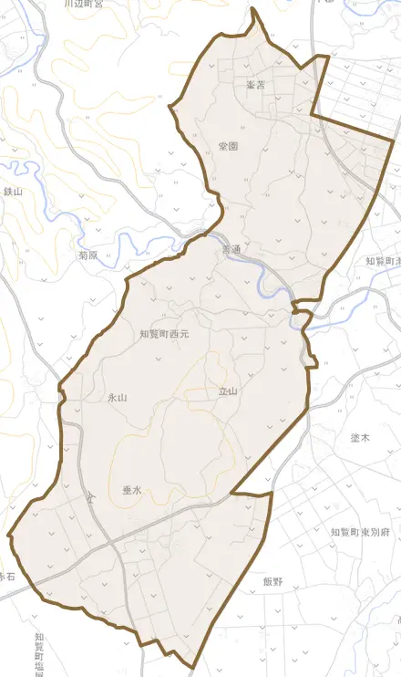 知覧町西元とその周辺の地図。町の範囲を重ねている