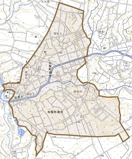知覧町瀬世とその周辺の地図。町の範囲を重ねている