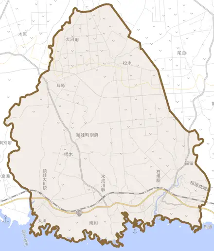 頴娃町別府とその周辺の地図。町の範囲を重ねている