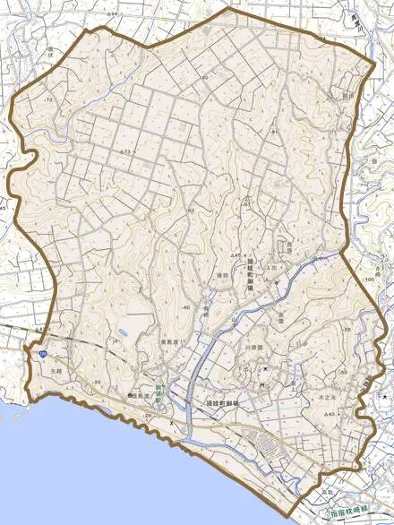 頴娃町御領とその周辺の地図。町の範囲を重ねている