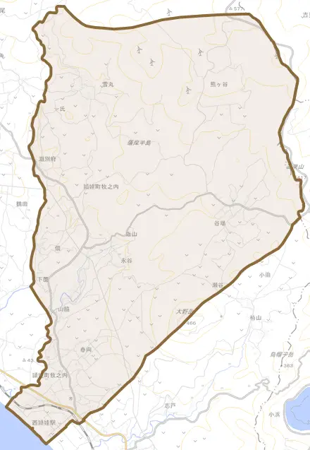 頴娃町牧之内とその周辺の地図。町の範囲を重ねている