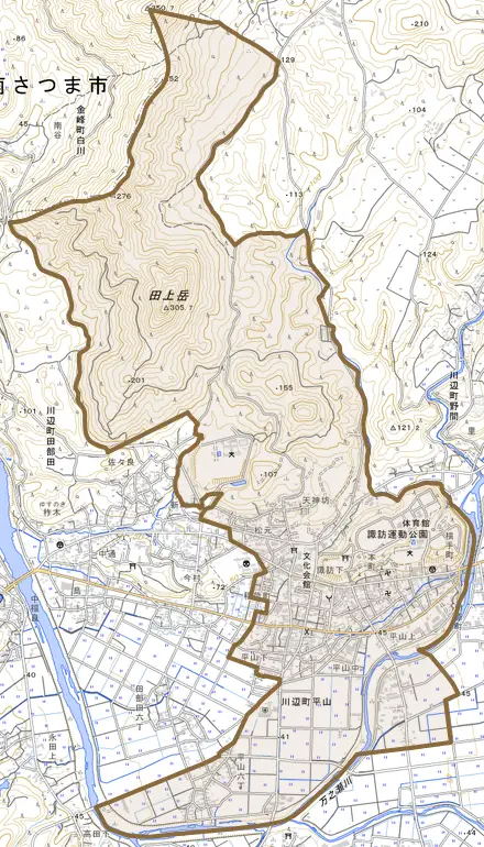 川辺町平山とその周辺の地図。町の範囲を重ねている