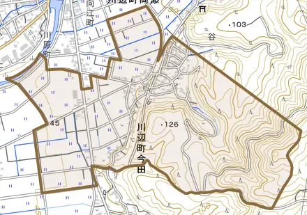 川辺町今田とその周辺の地図。町の範囲を重ねている