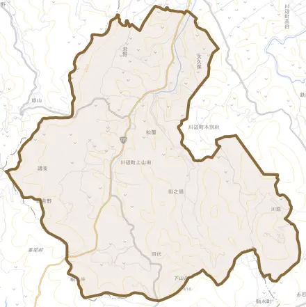 川辺町上山田とその周辺の地図。町の範囲を重ねている
